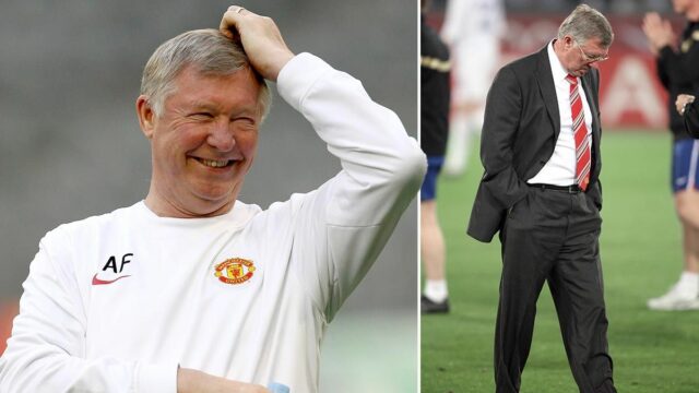 Sir Alex Ferguson z Manchestru United sa počas tréningu usmieva 