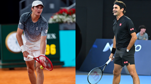 Mutua Madrid Open 2026 – 7. deň Joao Fonseca z Brazílie súperí proti Rafaelovi Jodarovi zo Španielska počas zápasu mužskej dvojhry v siedmy deň turnaja Mutua Madrid Open v La Caja Magica 26. apríla 2026 v Madride v Španielsku. Madrid Madrid Španielsko PUBLICATIONxNOTxINxFRA Copyright: xMiguelxReisx originalFilename:reis-notitle260426_np19I.jpg