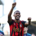 Víťaz zápasu Rayan oslavuje s fanúšikmi Bournemouthu po víťazstve 1:0 na ihrisku Fulhamu