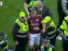 Angry Hearts odpálili hanebné scény, ktoré „zahanbili škótsky futbal“ Kapitána Hearts Lawrencea Shanklanda museli odprevadiť stewardi