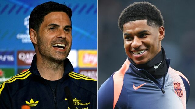 Marcus Rashford z FC Barcelona oslavuje so spoluhráčmi zo strelenia prvého gólu svojho tímu počas zápasu LaLiga EA Sports medzi FC Barcelona a Real Madrid CF