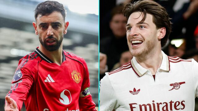 Bruno Fernandes porazí po FWA gongu Declana Ricea a stane sa 'PFA Player of the Year'

