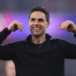Mikel Arteta, manažér / hlavný tréner Arsenalu, oslavuje počas semifinálového zápasu 2025/26 Ligy majstrov UEFA 2025/26 medzi Arsenal FC a Atletico de Madrid na Arsenal Stadium 5. mája 2026 v Londýne, Anglicko