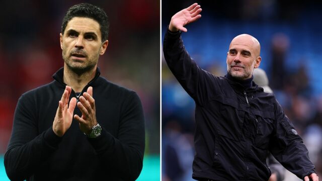 Tréner Arsenalu Mikel Arteta a Pep Guardiola z Manchestru City