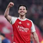 Declan Rice z Arsenalu oslavuje postup do finále Ligy majstrov UEFA 2025/26 po víťazstve tímu v druhom semifinálovom zápase Ligy majstrov UEFA 2025/26 medzi Arsenal FC a Atletico de Madrid na štadióne Arsenal 5. mája 2026 v Londýne v Anglicku