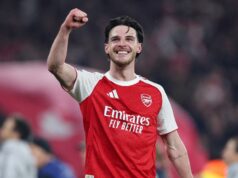 Declan Rice odvážne tvrdí, že Arsenal môže po finále Ligy majstrov zlyhať Declan Rice z Arsenalu oslavuje postup do finále Ligy majstrov UEFA 2025/26 po víťazstve tímu v druhom semifinálovom zápase Ligy majstrov UEFA 2025/26 medzi Arsenal FC a Atletico de Madrid na štadióne Arsenal 5. mája 2026 v Londýne v Anglicku