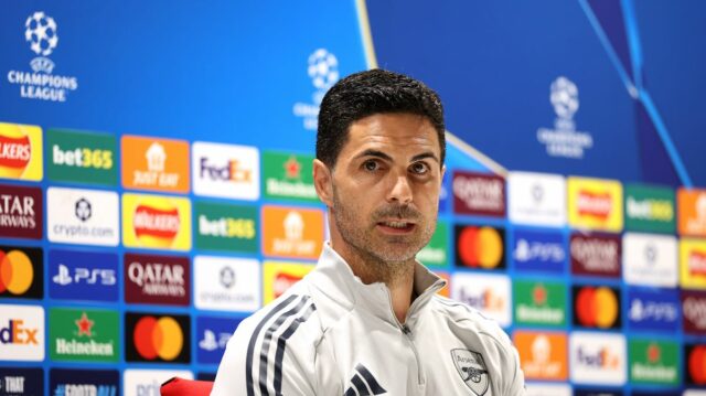 Mikel Arteta, Manager of Arsenal, speaks to the media during the Press Conference on the day ahead of the UEFA Champions League 2025/26 Semi Final Second Leg match between Arsenal FC and Atletico de Madrid