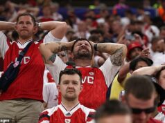 Fanúšikovia Arsenalu v zúfalstve a hráči v slzách, keď prehrali finále Ligy majstrov po penaltách po tom, čo ich hviezdny stredný obranca prestrelil brvno Fanúšikom Arsenalu to pri finálovej porážke Ligy majstrov v Budapešti lámalo srdce