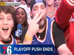 Fanúšikovia Rowdy Knicks davu reportéra 76ers po prevzatí Philadelphie pre play-off NBA Fanúšikovia a hráči Knicks sa posmievali 76ers po tom, čo zabezpečili sériu svojich súperov z NBA