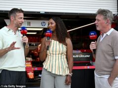 Formula 1 podpísala zmluvu v hodnote 1 BILLION £ na udržanie športu na Sky do roku 2034 – a vyhýbajte sa americkému modelu streamovania Jenson Button, Naomi Schiff a Simon Lazenby na spravodajstve Sky v Miami minulý víkend