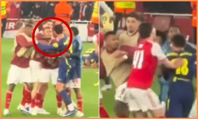 Gabriel Jesus z Arsenalu naráža na Marca Pubilla z Atlética Madrid
