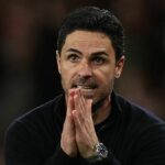 Španielsky manažér Arsenalu Mikel Arteta reaguje počas štvrťfinále Ligy majstrov UEFA v druhom futbalovom zápase medzi Arsenalom a Sportingom Lisabon na Emirates Stadium v ​​severnom Londýne 15. apríla 2026.