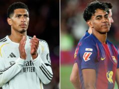 Lamine Yamal brutálne zosmiešňuje Judea Bellinghama na oslavách titulu v Barcelone odkazom Lamine Yamal z FC Barcelona počas zápasu La Liga EA Sports 2025/26 ''El Clasico'' medzi FC Barcelona a Real Madrid na štadióne Spotify Camp Nou v Barcelone v Španielsku v máji 2026. (Foto Gongora/NurPhoto cez Getty Images)