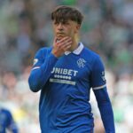 Mikey Moore z Rangers je videný na plný úväzok počas zápasu Premier League medzi Celticom a Rangers v Celtic Parku 10. mája 2026 v Glasgowe v Škótsku.