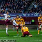 Útočník Hearts Lawrence Shankland vystrelil Hearts level na Fir Park