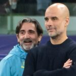 Tréner Manchestru City Pep Guardiola a jeho kondičný tréner Lorenzo Buenaventura (vľavo)