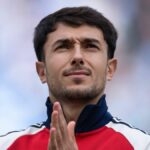 Martin Zubimendi z Arsenalu sa zoradí pred zápasom Premier League medzi Manchestrom City a Arsenalom na Etihad Stadium 19. apríla 2026 v Manchestri v Anglicku.