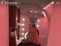 Ohrdnutá noha WAG Arabella Del Busso hrdo uverejňuje fotku, ako predvádza striptíz počas letu v obchodnej triede Arabella Del Busso zverejnila túto fotografiu, na ktorej predvádza striptíz počas letu v biznis triede pred nadchádzajúcim boxerským zápasom