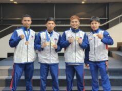 PH boxerský tím žiari 4 zlatými v Európe Filipínski boxeri Paul Julyfer Bascon, Clark Vicera, Carlo Paalam a Riza Pasuit držia svoje medaily z európskeho ťaženia filipínskeho boxerského tímu.