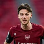 Declan Rice z Arsenalu sa pozerá počas tréningu/tlačovej konferencie jeden deň pred finále Ligy majstrov UEFA 2026 v Puskas Arene 29. mája 2026 v Budapešti, Maďarsko