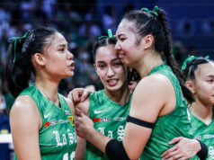 Seniori Angel Canino, La Salle sa zaviazali k poslednému behu Angel Canino, Amie Provido a Shevana Laput z La Salle Lady Spikers po zisku majstrovského titulu na ženskom volejbalovom turnaji sezóny 88 UAAP.