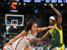 Shakira Austin, Mystici získavajú cestu proti Storm 27. mája 2026; Seattle, Washington, USA; Strážca Seattle Storm Flau'jae Johnson (4) stráži strážcu Washingtonu Mystics Cassandre Prosper (18) počas prvého polčasu v Climate Pledge Arena. Povinný kredit: Steven Bisig-Imagn Images