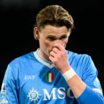 Scott McTominay z SSC Neapol reaguje počas futbalového zápasu Serie A 2025/2026 medzi SSC Neapol a US Lecce na štadióne Diega Armanda Maradonu. Neapol (Taliansko), 14. marca 2026 (Foto od Elianton/Mondadori Portfolio cez Getty Images)