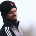 Marcus Rashford z Manchestru United sa 29. januára 2025 v Manchestri v Anglicku zúčastňuje na tréningu a tlačovej konferencii fázy MD8 UEFA Europa League 2024/25 League Phase MD8.