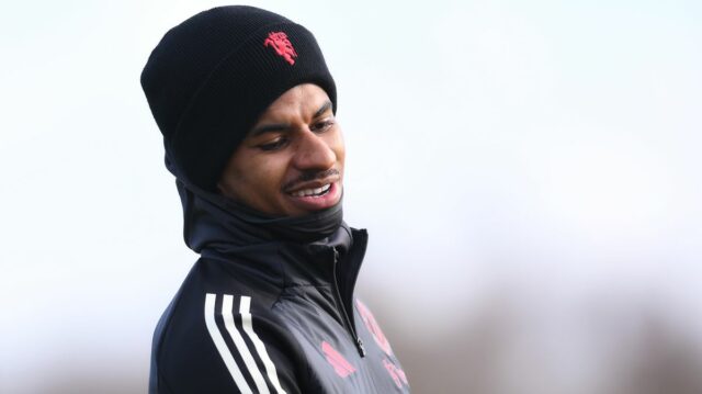 Marcus Rashford z Manchestru United sa 29. januára 2025 v Manchestri v Anglicku zúčastňuje na tréningu a tlačovej konferencii fázy MD8 UEFA Europa League 2024/25 League Phase MD8.