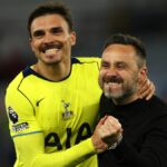 Joao Palhinha and Roberto De Zerbi enjoy the celebrations after the Premier League match between Aston Villa and Tottenham Hotspur at Villa Park