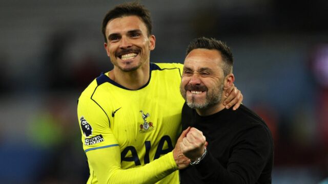 Joao Palhinha and Roberto De Zerbi enjoy the celebrations after the Premier League match between Aston Villa and Tottenham Hotspur at Villa Park