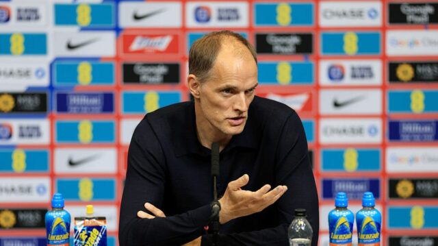 Thomas Tuchel, hlavný tréner Anglicka, hovorí počas tlačovej konferencie