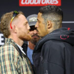 PERTH, AUSTRÁLIA – 30. apríla: Jack Della Maddalena a Carlos Prates sa stretnú po tlačovej konferencii UFC Perth Fight Night v RAC Arene 30. apríla 2026 v austrálskom Perthe. (Foto: Ed Mulholland/Zuffa LLC)