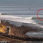 Na snímke: striekanie fotografa Eda Sloana (zakrúžkované) počas útoku v pondelok na súťaži New Zealand Pro surfing
