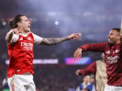 Víťaz Ligy majstrov zúfalo prosí UEFA o Arsenal – „musí zasiahnuť“ Riccardo Calafiori a Gabriel Jesus z Arsenalu oslavujú
