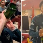 Vnútri Arsenalu titulný večierok, keď tím popíja pivo a šampanské a hlavný dav surfuje | Futbal | Šport