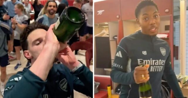 Vnútri Arsenalu titulný večierok, keď tím popíja pivo a šampanské a hlavný dav surfuje | Futbal | Šport
