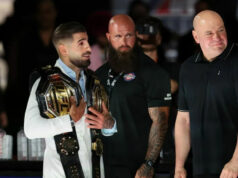 250 najlepších stávok UFC Freedom: Nočné výbery boja v Bielom dome 12. júna 2026; Washington, DC, USA; Ilia Topuria (vľavo) a Dana White sa pozerajú počas tlačovej konferencie k UFC Freedom 250 v Lincolnovom pamätníku. Povinný kredit: Amber Searls-Imagn Images