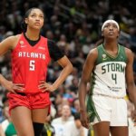 Flau'jae Johnson a Angel Reese stojaci na basketbalovom ihrisku počas hry