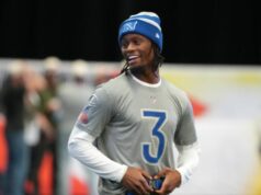Cowboys WR George Pickens v tímovom zariadení pred minicampom 2. februára 2026; San Francisco, CA, USA; Prijímač Dallas Cowboys George Pickens počas tréningu NFC v NFL Flag Fieldhouse v Moscone Center South Building. Povinný kredit: Kirby Lee-Imagn Images