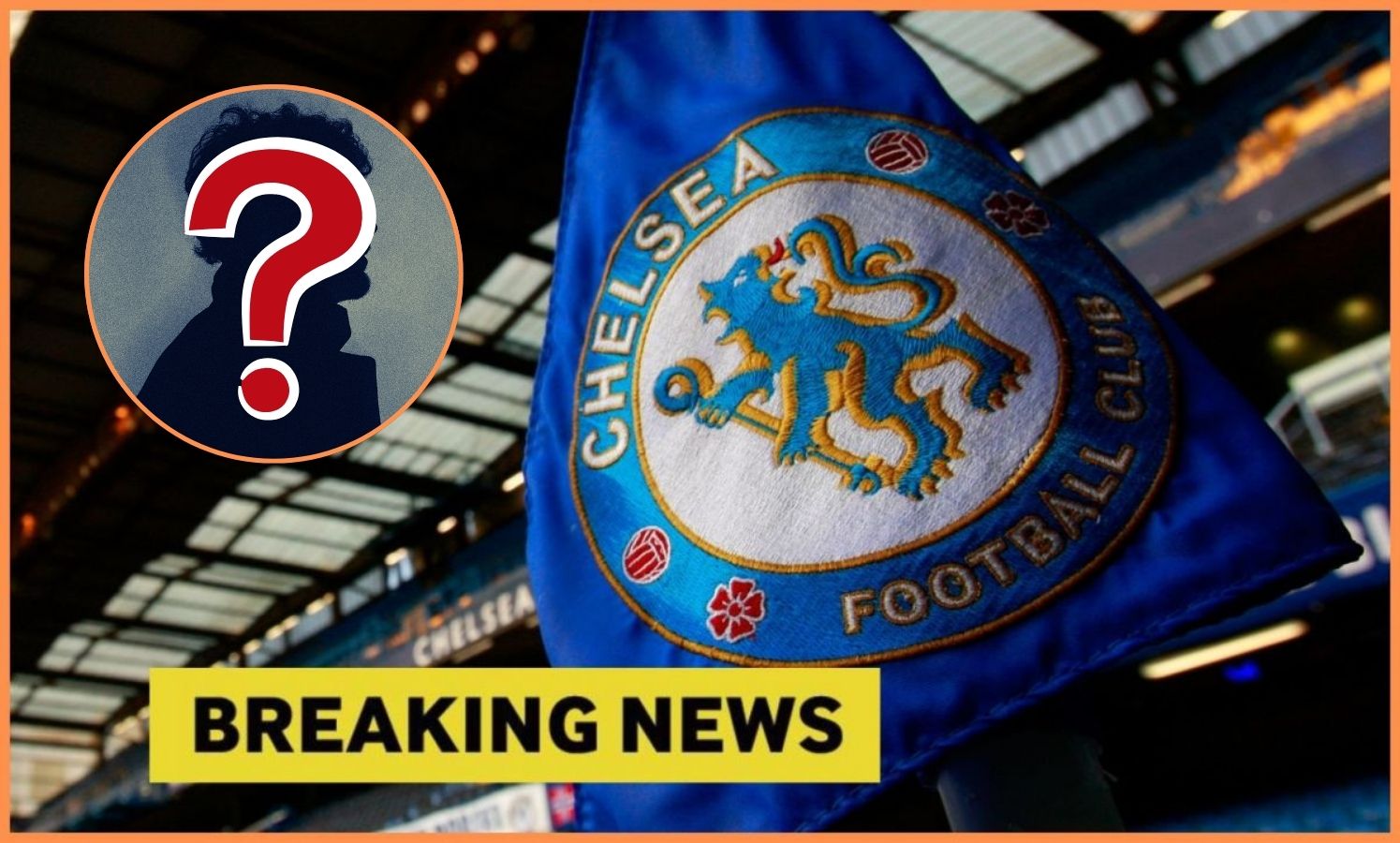 Vlajka Chelsea s prekrytím najnovších správ a tajomným hráčom