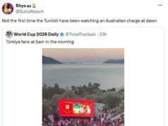 Fanúšikovia Turecka sa posmievajú Austrálčanom fotografiami hrobov kopáčov v Gallipoli – a posmešným tričkom Anzac – po víťazstve na Svetovom pohári v Socceroos Na obrázku: Príspevok na X, ktorý videl reakciu mnohých tureckých fanúšikov pripomínaním Aussies, ktorí vyhrali bitku pri Gallipoli
