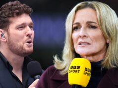 Gabby Logan zdieľa Michael Buble DMs po kontroverzii BBC World Cup otváracieho ceremoniálu TORONTO, ONTARIO – 12. júna: Michael Buble vystupuje počas prehliadky národov pred zápasom B-skupiny B-skupiny majstrovstiev sveta 2026 medzi Kanadou a Bosnou a Hercegovinou na štadióne Toronto 12. júna 2026 v Toronte, Ontario. (Foto: Francois Nel/Getty Images)