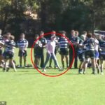 Na snímke: Vo chvíli, keď matka hráča rugby z Eastwoodu do 20 rokov vybehla na ihrisko, aby ho ochránila počas bitky v zápase v sobotu