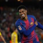 Marcus Rashford oslavuje gól za Barcelonu