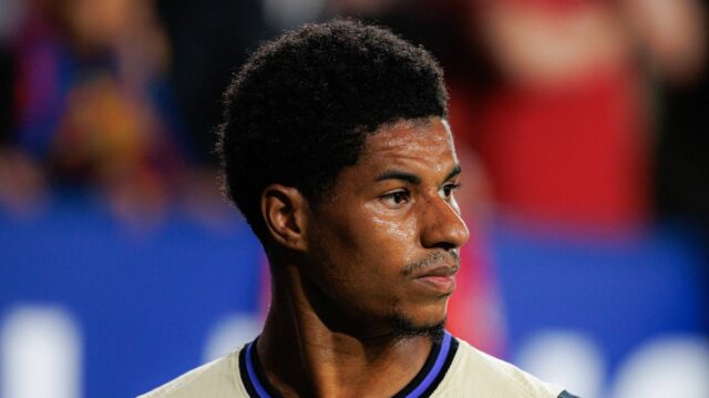 PAMPLONA, ŠPANIELSKO - 2026/05/02: Marcus Rashford (FC Barcelona) videný v akcii počas zápasu LaLiga EA SPORTS medzi CA Osasuna a FC Barcelona na štadióne El Sadar. Konečné skóre; CA Osasuna 1-2 FC Barcelona. (Foto Maciej Rogowski/SOPA Images/LightRocket cez Getty Images)