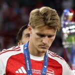 Julian Alvarez z Atletica de Madrid oslavuje gól počas semifinálového zápasu Ligy majstrov UEFA 2025/26 medzi Atleticom de Madrid a Arsenalom