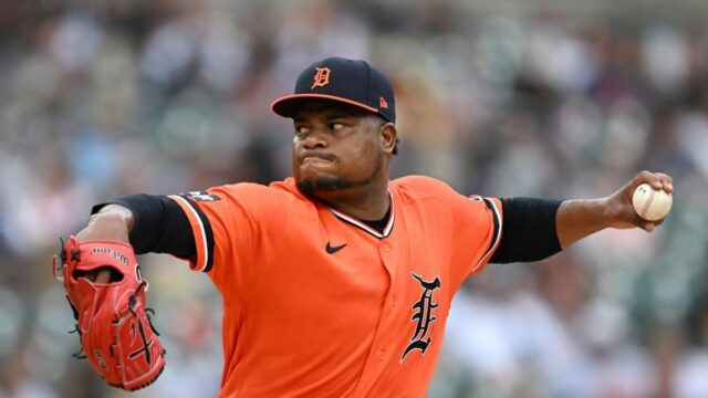 5. júna 2026; Detroit, Michigan, USA; Začiatočný nadhadzovač Detroit Tigers Framber Valdez (59) hádže proti Seattle Mariners v prvej smene v Comerica Park. Povinný kredit: Lon Horwedel-Imagn Images