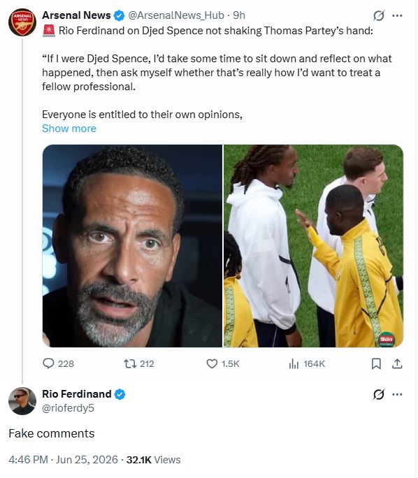Príspevok Rio Ferdinand na X