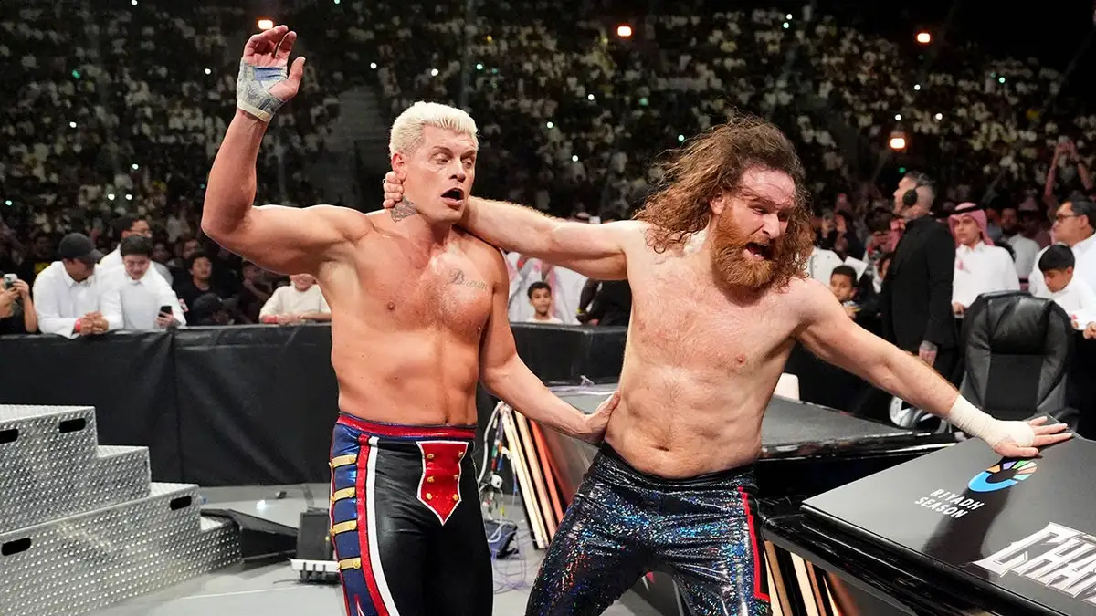 Sami Zayn zápasí s Codym Rhodesom v Kingdom Arena Riyadh Saudská Arábia